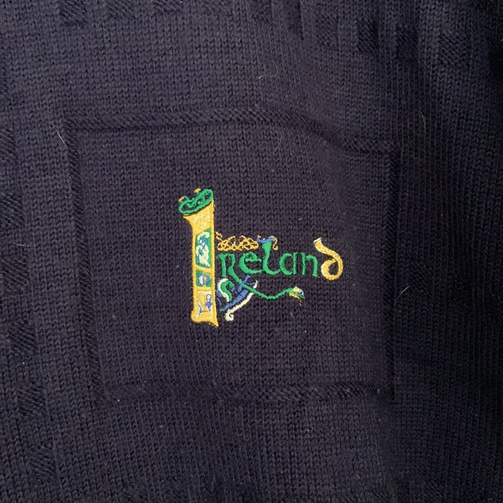 Men’s Irish Sweater by Blarney Castle Designs Dark Blue with Green Ireland Logo